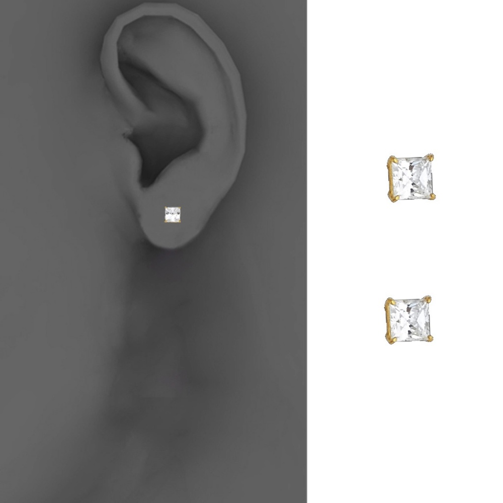 14k Yellow 4mm Princess Basket CZ Stud Earrings - Picture 3 of 6